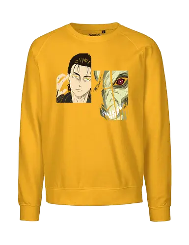 Eren Yeager: Man vs. Monster - Eren Yeager, Attack Titan, Attack, AOT, Shingeki no Kyojin, anime, manga, fan art, t-shirt design, art print, transformation, dual nature, cool anime art, geek art, iconic, minimalist. - Fairtrade Sweatshirt