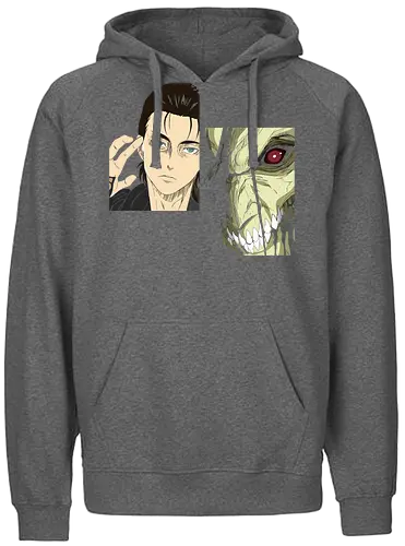 Eren Yeager: Man vs. Monster - Eren Yeager, Attack Titan, Attack, AOT, Shingeki no Kyojin, anime, manga, fan art, t-shirt design, art print, transformation, dual nature, cool anime art, geek art, iconic, minimalist. - Fairtrade Hoodie