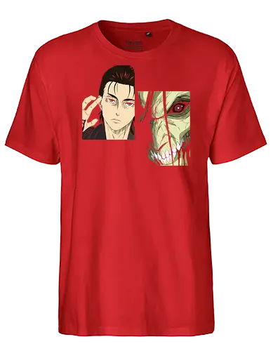 Eren Yeager: Man vs. Monster - Eren Yeager, Attack Titan, Attack, AOT, Shingeki no Kyojin, anime, manga, fan art, t-shirt design, art print, transformation, dual nature, cool anime art, geek art, iconic, minimalist. - Fairtrade T-Shirt