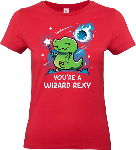 Rexy Is A Wizard - adorable, cute dino, dinosaur, fantasy, funny, humor, jurassic, kawaii, magical, meteor shower, prehistoric, t rex, tyrannosaurus, wizard - Standard T-Shirt (Frauen)