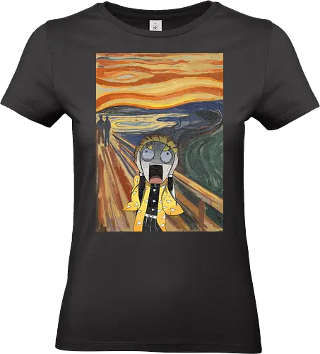 The Scream of Zenitsu - Zenitsu Agatsuma, Slayer, Kimetsu no Yaiba, The Scream parody, Edvard Munch, funny anime, art history mashup, fan art, t-shirt design, art print, cool anime art, geek humor, iconic painting, chaotic - Standard T-Shirt (Frauen)