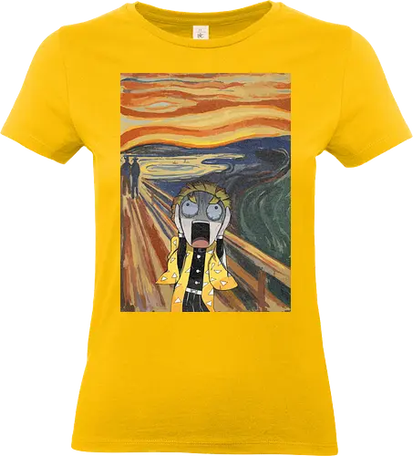 The Scream of Zenitsu - Zenitsu Agatsuma, Slayer, Kimetsu no Yaiba, The Scream parody, Edvard Munch, funny anime, art history mashup, fan art, t-shirt design, art print, cool anime art, geek humor, iconic painting, chaotic - Standard T-Shirt (Frauen)