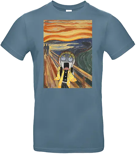 The Scream of Zenitsu - Zenitsu Agatsuma, Slayer, Kimetsu no Yaiba, The Scream parody, Edvard Munch, funny anime, art history mashup, fan art, t-shirt design, art print, cool anime art, geek humor, iconic painting, chaotic - Standard T-Shirt