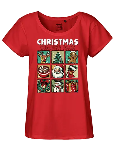 Christmas Starter Pack - christmas, christmas stocking, christmas tree, funny, gingerbread man, happyd holidays, merry christmas, merry xmas, present, reindeer, santa claus, snowman, starter pack, wreath, xmas - Fairtrade Girl Shirt