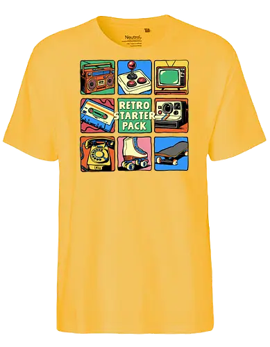 Retro Starter Pack - rotary phone, starter pack, vintage, retro, 80s, 90s, boombox, casstte tape, gamer, joystick, music, nostalgia, nostalgic, old school, roller skates - Fairtrade T-Shirt