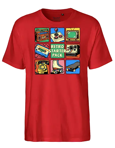 Retro Starter Pack - rotary phone, starter pack, vintage, retro, 80s, 90s, boombox, casstte tape, gamer, joystick, music, nostalgia, nostalgic, old school, roller skates - Fairtrade T-Shirt