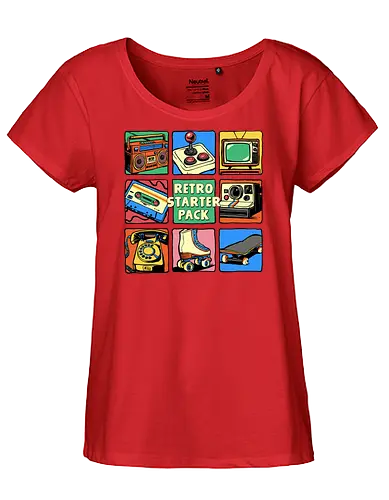 Retro Starter Pack - rotary phone, starter pack, vintage, retro, 80s, 90s, boombox, casstte tape, gamer, joystick, music, nostalgia, nostalgic, old school, roller skates - Fairtrade Girl Shirt