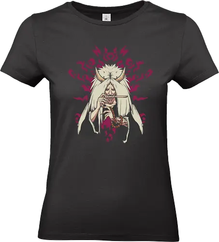 Uro Uro: The Cursed Spirit - Uro Uro, cursed spirit, Japanese folklore, dark fantasy, anime villain, horns, flute, prayer beads, unique graphic, t-shirt design, art print, Paranormal, JJK fan art, stylized, occult. - Standard T-Shirt (Frauen)