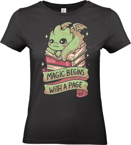 Magic Begins With a Page - koalatees, koala, dragon, draco, book, book lover, literature, reading, library, bookworm, bookish, nerd, introvert, fairytale, once upon a time - Standard T-Shirt (Frauen)