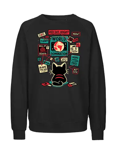 Cat Master Plan - black cat, chaos, conspiracy, cute, detective, evil, feline lover, funny, humor, kitten, kitty, mastermind, mischief, world domination, planet earth - Fairtrade Sweatshirt