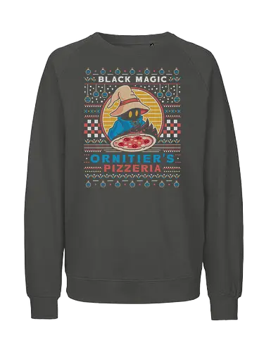 Ornitier Pizzeria Ugly Sweater - final, vivi ornitier, black mage, ugly christmas sweater, fantasy, video game, gaming, gamer, ugly christmas sweater, christmas, xmas - Fairtrade Sweatshirt