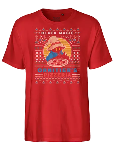 Ornitier Pizzeria Ugly Sweater - final, vivi ornitier, black mage, ugly christmas sweater, fantasy, video game, gaming, gamer, ugly christmas sweater, christmas, xmas - Fairtrade T-Shirt