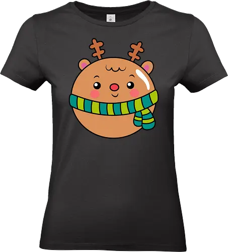 Cute Round Deer in Scarf  - Animal, Smile, Green, Blue, Christmas, Scarf, Wood, Mood, Cute, Holiday, Deer, Brown, Fanart, Forest, North - Standard T-Shirt (Frauen)