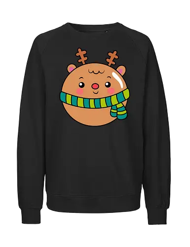 Cute Round Deer in Scarf  - Animal, Smile, Green, Blue, Christmas, Scarf, Wood, Mood, Cute, Holiday, Deer, Brown, Fanart, Forest, North - Fairtrade Sweatshirt