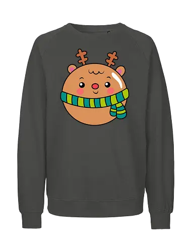Cute Round Deer in Scarf  - Animal, Smile, Green, Blue, Christmas, Scarf, Wood, Mood, Cute, Holiday, Deer, Brown, Fanart, Forest, North - Fairtrade Sweatshirt