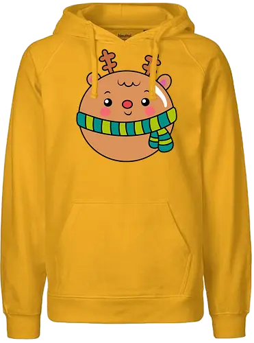 Cute Round Deer in Scarf  - Animal, Smile, Green, Blue, Christmas, Scarf, Wood, Mood, Cute, Holiday, Deer, Brown, Fanart, Forest, North - Fairtrade Hoodie