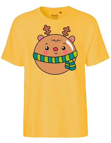 Cute Round Deer in Scarf  - Animal, Smile, Green, Blue, Christmas, Scarf, Wood, Mood, Cute, Holiday, Deer, Brown, Fanart, Forest, North - Fairtrade T-Shirt