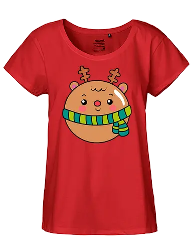 Cute Round Deer in Scarf  - Animal, Smile, Green, Blue, Christmas, Scarf, Wood, Mood, Cute, Holiday, Deer, Brown, Fanart, Forest, North - Fairtrade Girl Shirt