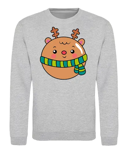 Cute Round Deer in Scarf  - Animal, Smile, Green, Blue, Christmas, Scarf, Wood, Mood, Cute, Holiday, Deer, Brown, Fanart, Forest, North - Sweatshirt