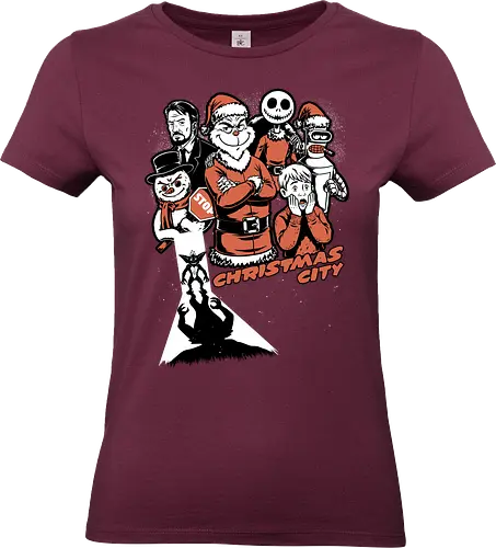 Christmas City Movie Poster - Christmas, Merry Christmas, Christmas Vacation, City, Movie, Classic Movie, Horror, Classic Horror, Vintage, Retro, Retro Vintage, Jack Frost, Frosty, Satire, Mashup, Movie Poster, Holiday, Happy Holidays, Holidays, Scary, Spooky, Spooky Season, Spookmas, Creepymas - Standard T-Shirt (Frauen)