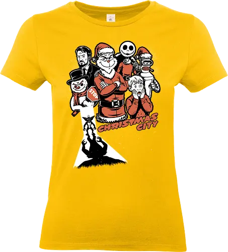 Christmas City Movie Poster - Christmas, Merry Christmas, Christmas Vacation, City, Movie, Classic Movie, Horror, Classic Horror, Vintage, Retro, Retro Vintage, Jack Frost, Frosty, Satire, Mashup, Movie Poster, Holiday, Happy Holidays, Holidays, Scary, Spooky, Spooky Season, Spookmas, Creepymas - Standard T-Shirt (Frauen)