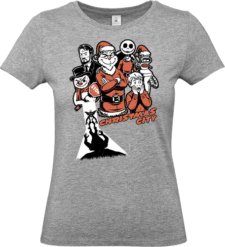 Christmas City Movie Poster - Christmas, Merry Christmas, Christmas Vacation, City, Movie, Classic Movie, Horror, Classic Horror, Vintage, Retro, Retro Vintage, Jack Frost, Frosty, Satire, Mashup, Movie Poster, Holiday, Happy Holidays, Holidays, Scary, Spooky, Spooky Season, Spookmas, Creepymas - Standard T-Shirt (Frauen)