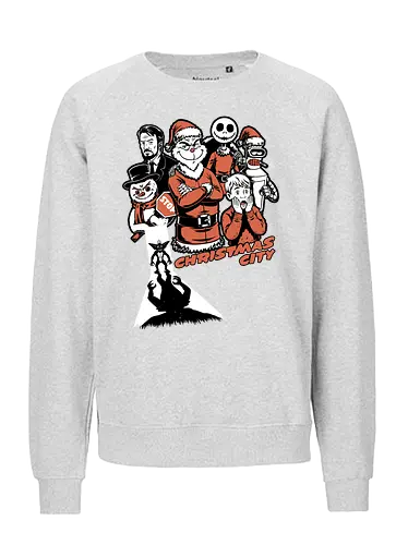 Christmas City Movie Poster - Christmas, Merry Christmas, Christmas Vacation, City, Movie, Classic Movie, Horror, Classic Horror, Vintage, Retro, Retro Vintage, Jack Frost, Frosty, Satire, Mashup, Movie Poster, Holiday, Happy Holidays, Holidays, Scary, Spooky, Spooky Season, Spookmas, Creepymas - Fairtrade Sweatshirt