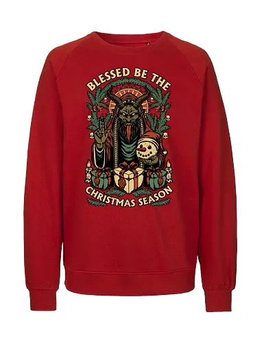 Krampus Sacred Christmas - Christmas, Christmas Vacation, Christmas Tree, Holiday, Holidays, Sacred, Krampus, Krampusnatch, Season, Eerie, Spooky, Spooky Season, Spookmas, Creepy, Creepymas, Skull, Snowman, Santa Claus, Candle, Bless, Blessed, Mistletoe - Fairtrade Sweatshirt