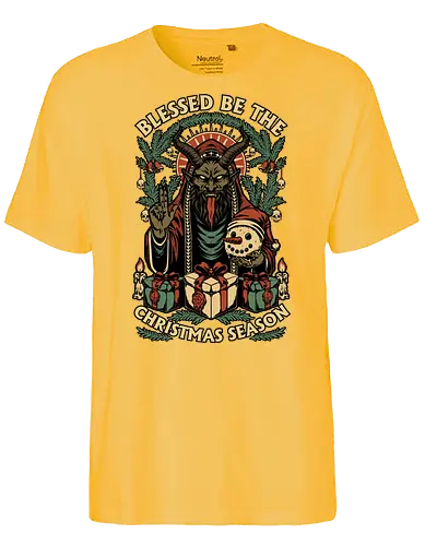 Krampus Sacred Christmas - Christmas, Christmas Vacation, Christmas Tree, Holiday, Holidays, Sacred, Krampus, Krampusnatch, Season, Eerie, Spooky, Spooky Season, Spookmas, Creepy, Creepymas, Skull, Snowman, Santa Claus, Candle, Bless, Blessed, Mistletoe - Fairtrade T-Shirt