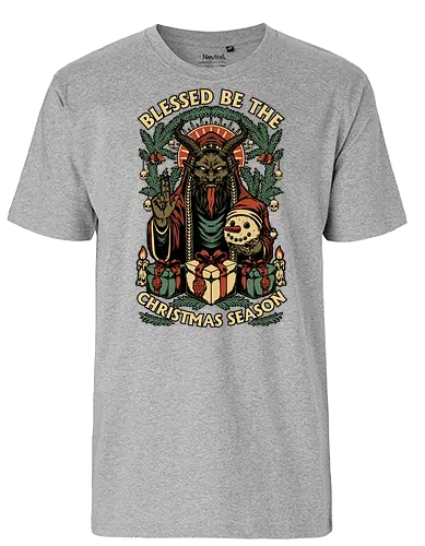 Krampus Sacred Christmas - Christmas, Christmas Vacation, Christmas Tree, Holiday, Holidays, Sacred, Krampus, Krampusnatch, Season, Eerie, Spooky, Spooky Season, Spookmas, Creepy, Creepymas, Skull, Snowman, Santa Claus, Candle, Bless, Blessed, Mistletoe - Fairtrade T-Shirt