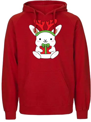  Rabbit With Gift  - White, Animal, Red, Rabbit, Christmas, Cute, Holiday, Gift, New Year, Present, Deer, Christmas time - Fairtrade Hoodie