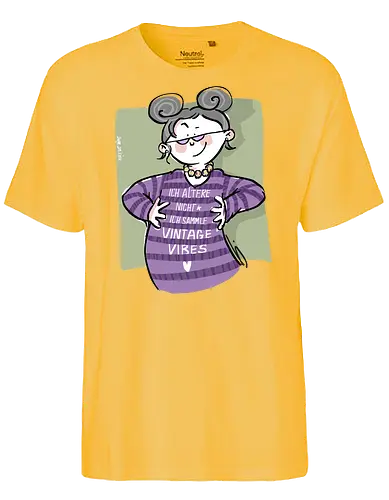 Vintage vibes - Ringelpullisprüche, Ringeldinger, streifenweise, Spruch, Weisheit, Motivation, Ringelpulli, SprücheShirt, Cartoon Illustration, Alt, Altwerden, Statement, Handgezeichnet, Humor, Selbstironie, Streifenpulli, Spruchshirt, deutsch - Fairtrade T-Shirt