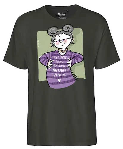 Vintage vibes - Ringelpullisprüche, Ringeldinger, streifenweise, Spruch, Weisheit, Motivation, Ringelpulli, SprücheShirt, Cartoon Illustration, Alt, Altwerden, Statement, Handgezeichnet, Humor, Selbstironie, Streifenpulli, Spruchshirt, deutsch - Fairtrade T-Shirt