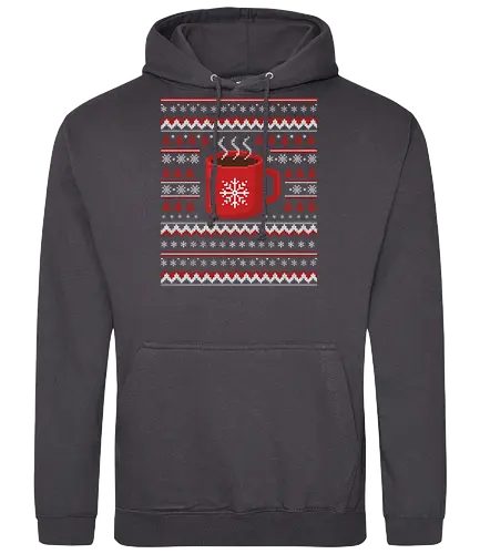 Hot Cocoa Ugly Sweater - Ugly Christmas sweater, hot cocoa, pixel art, fair isle, Christmas mug, cozy holiday, festive drink, red and white, snowflake, t-shirt design, art print, Christmas sweater party, hot chocolate lover, nostalgic - Standard Hoodie