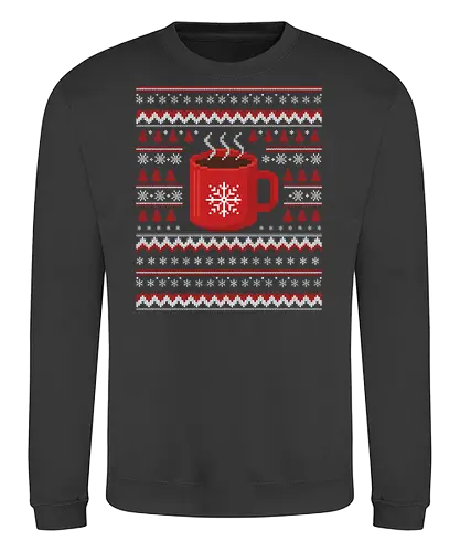 Hot Cocoa Ugly Sweater - Ugly Christmas sweater, hot cocoa, pixel art, fair isle, Christmas mug, cozy holiday, festive drink, red and white, snowflake, t-shirt design, art print, Christmas sweater party, hot chocolate lover, nostalgic - Sweatshirt