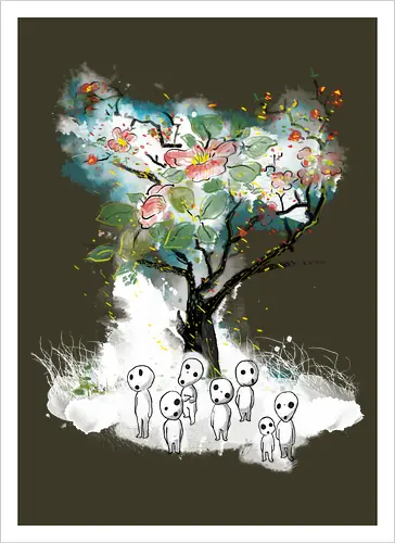 Kodamas a la Hokusai - kodamas, cute, kids, anime, japan pop culture, fantasy - Kunstdruck