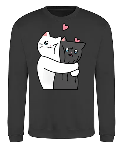Cute Cats Hugs with Love  - Love, Cat, Black, White, Animal, Happy, Cute, Yin and Yang, Hug, Match, Feeling, Fanart - Sweatshirt