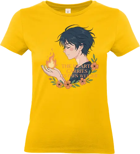 Heart's Own Weight - The Heart Carries Its Own Weight, wholesome anime, aesthetic art, flame, inner strength, self-care, emotional quote, anime boy, floral graphic, t-shirt design, art print, thoughtful, nature aesthetic - Standard T-Shirt (Frauen)