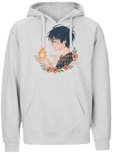 Heart's Own Weight - The Heart Carries Its Own Weight, wholesome anime, aesthetic art, flame, inner strength, self-care, emotional quote, anime boy, floral graphic, t-shirt design, art print, thoughtful, nature aesthetic - Fairtrade Hoodie