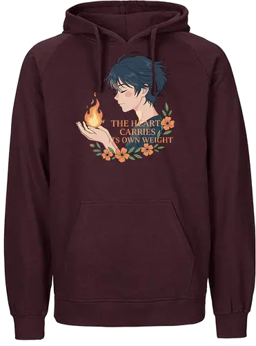 Heart's Own Weight - The Heart Carries Its Own Weight, wholesome anime, aesthetic art, flame, inner strength, self-care, emotional quote, anime boy, floral graphic, t-shirt design, art print, thoughtful, nature aesthetic - Fairtrade Hoodie