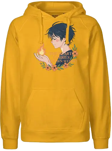 Heart's Own Weight - The Heart Carries Its Own Weight, wholesome anime, aesthetic art, flame, inner strength, self-care, emotional quote, anime boy, floral graphic, t-shirt design, art print, thoughtful, nature aesthetic - Fairtrade Hoodie