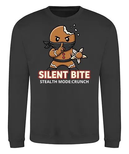 Silent Bite - Stealth Mode: Crunch" Funny Gingerbread Ninja T-Shirt - silent bite, stealth mode crunch, funny gingerbread ninja, shuriken cookie, christmas humor, ninja t-shirt, martial arts parody, secret agent cookie, food pun apparel, bite me shirt, unique graphic tee, stealth mode shirt, gingerbread man humor, cookie lover gift, crunchy humor, sweet assassin, ninja cookie design - Sweatshirt