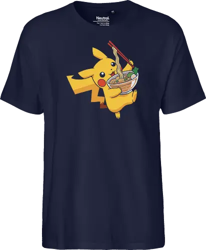 Mouse Ramen Run - Mouse, ramen, Pocket, anime shirt, Japanese food, noodle bowl, electric type, manga, video game, kawaii, cute pokemon, food lover, foodie apparel, ramen tshirt, pikachu art, vector graphic, gaming shirt, geek apparel, chopsticks - Fairtrade T-Shirt