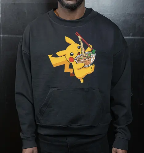 Mouse Ramen Run - Mouse, ramen, Pocket, anime shirt, Japanese food, noodle bowl, electric type, manga, video game, kawaii, cute pokemon, food lover, foodie apparel, ramen tshirt, pikachu art, vector graphic, gaming shirt, geek apparel, chopsticks - Cropped Sweatshirt