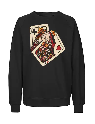 Royal Flush Romance - King and Queen, playing cards, poker, romance, love, couple shirt, royal flush, card game, kiss, embrace, casino, vintage art, heart suit, club suit, stylized illustration, aesthetic, gambling, deck of cards - Fairtrade Sweatshirt