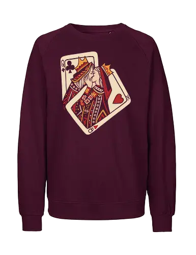 Royal Flush Romance - King and Queen, playing cards, poker, romance, love, couple shirt, royal flush, card game, kiss, embrace, casino, vintage art, heart suit, club suit, stylized illustration, aesthetic, gambling, deck of cards - Fairtrade Sweatshirt