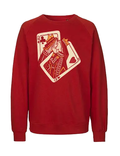 Royal Flush Romance - King and Queen, playing cards, poker, romance, love, couple shirt, royal flush, card game, kiss, embrace, casino, vintage art, heart suit, club suit, stylized illustration, aesthetic, gambling, deck of cards - Fairtrade Sweatshirt