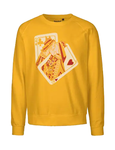 Royal Flush Romance - King and Queen, playing cards, poker, romance, love, couple shirt, royal flush, card game, kiss, embrace, casino, vintage art, heart suit, club suit, stylized illustration, aesthetic, gambling, deck of cards - Fairtrade Sweatshirt