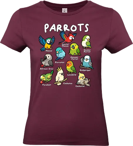 Parrots of the World - parrots, african grey, amazon parrot, bird, birds, budgerigar, cockatiel, cockatoo, lovebird, macaw, parakeet, parrot, parrotlet, quaker parrot, scarlet macaw - Standard T-Shirt (Frauen)