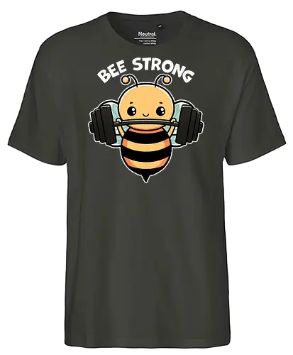 Bee Strong - bees, honey, pollinator, nature, wildlife, insect, bee art, bee lover, beekeeping, flowers, fitness, workout, health, exercise, bodybuilding, gymwear, motivational, cardio, personaltraining, yoga - Fairtrade T-Shirt